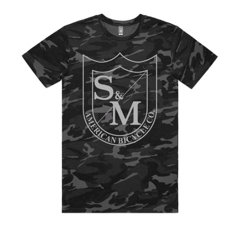 S&M Big Shield T-Shirt White on Black Camo